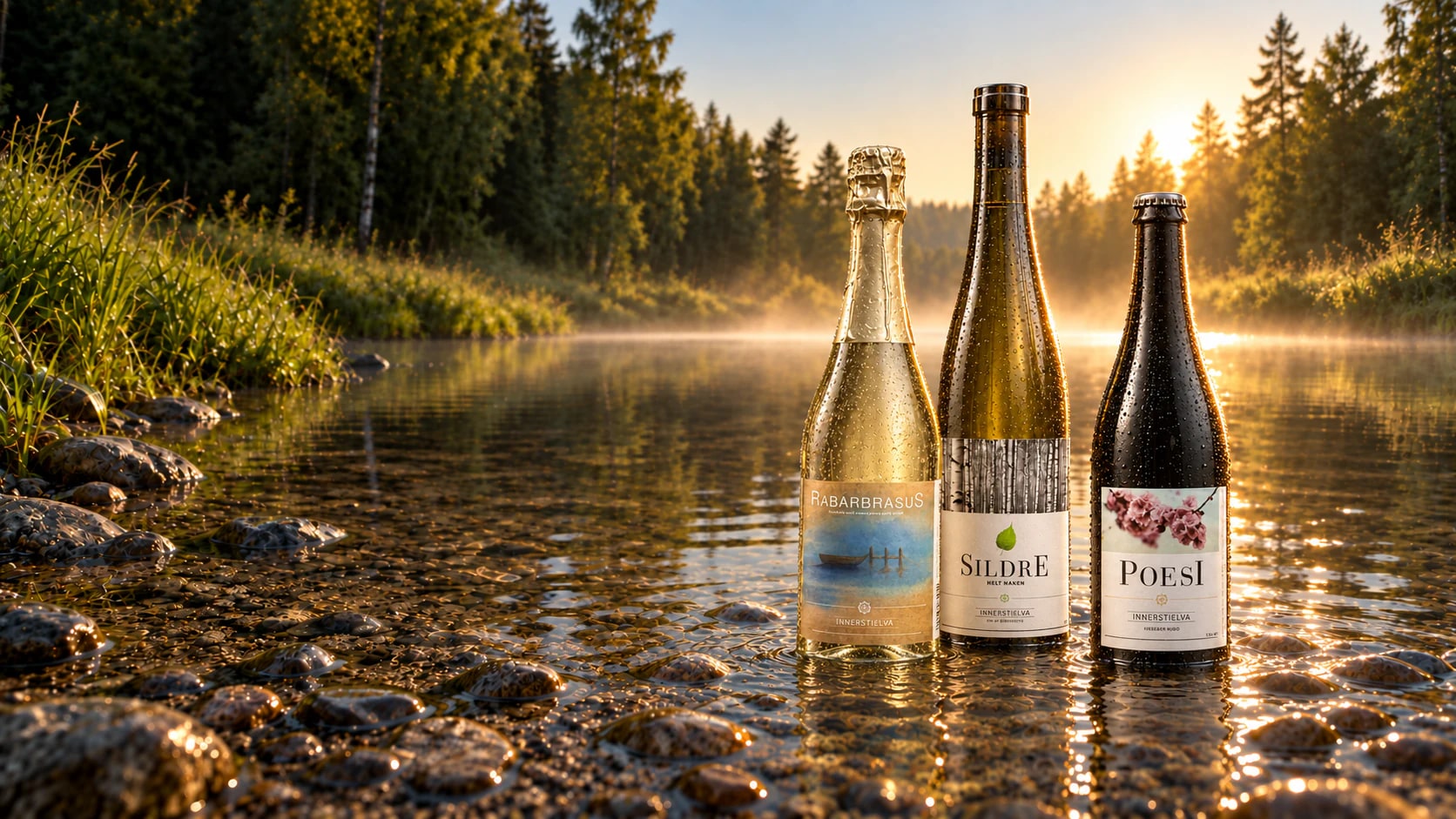 Tre signaturdrikker fra Innerst i elva i den grunne elvekanten i gyllen morgensol